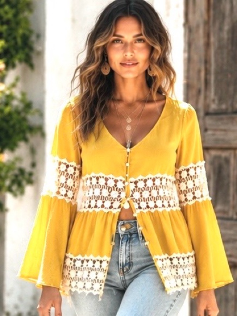 Entro Mustard Gold Crochet Lace Boho Bell Sleeve Blouse M